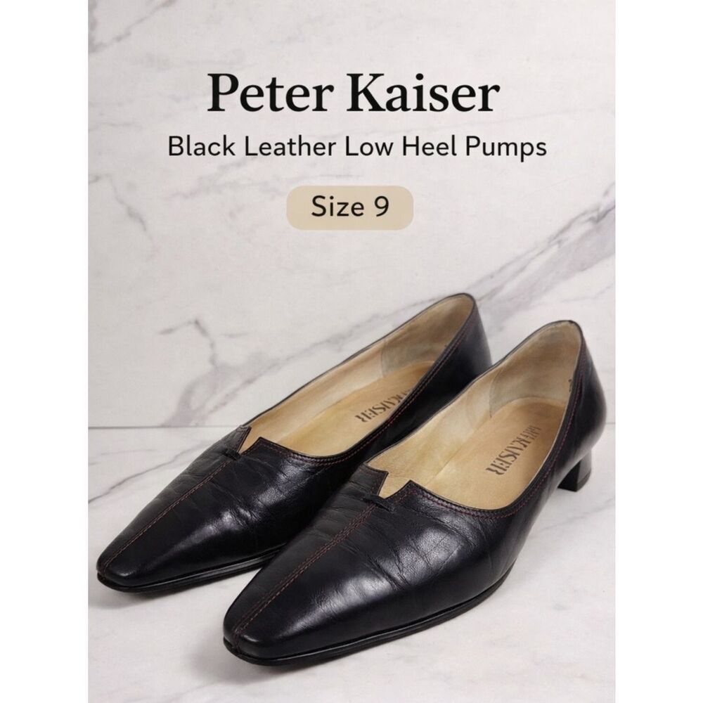 Peter Kaiser Black Leather Low Heel Pumps Square Toe Slip On Size 9